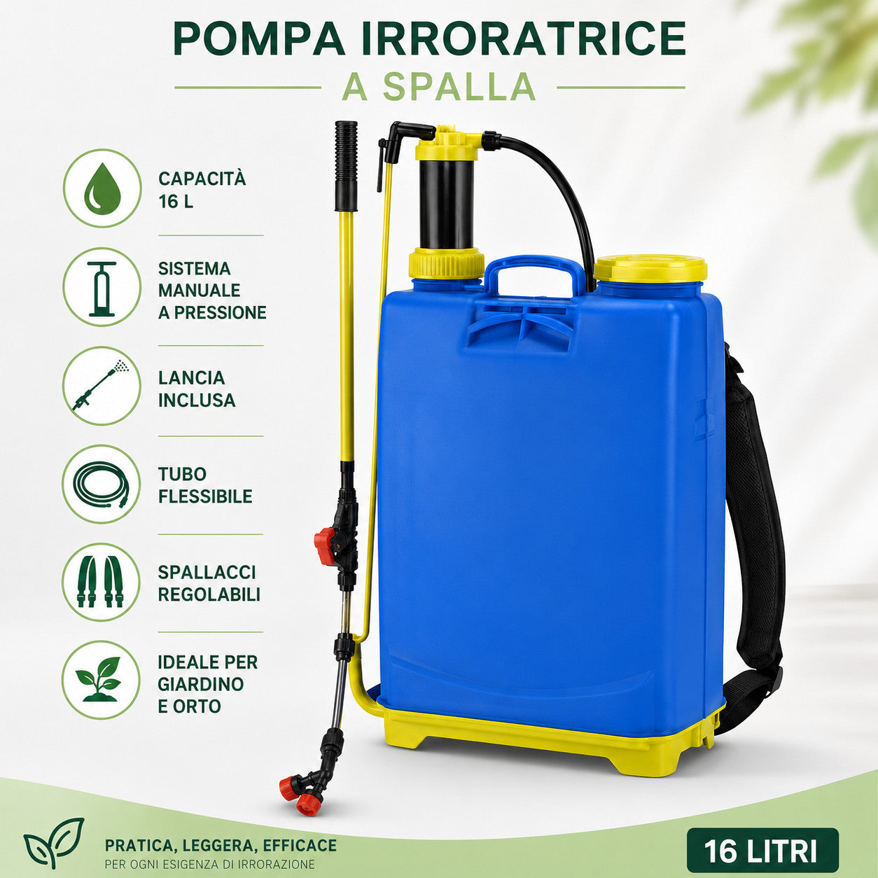 POMPA IRRORATRICE A SPALLA 16 L SPRAYER MANUALE PER GIARDINO ORTO DISERBO