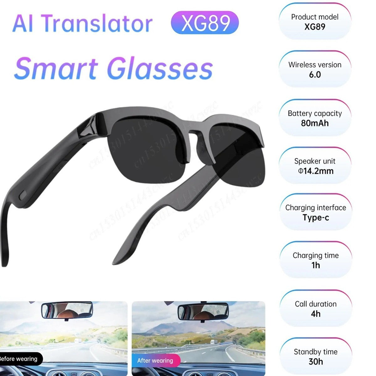 LUNETTES INTELLIGENTES BLUETOOTH XG89 AVEC TRADUCTEUR IA MUSIQUE ET APPELS MAINS LIBRES