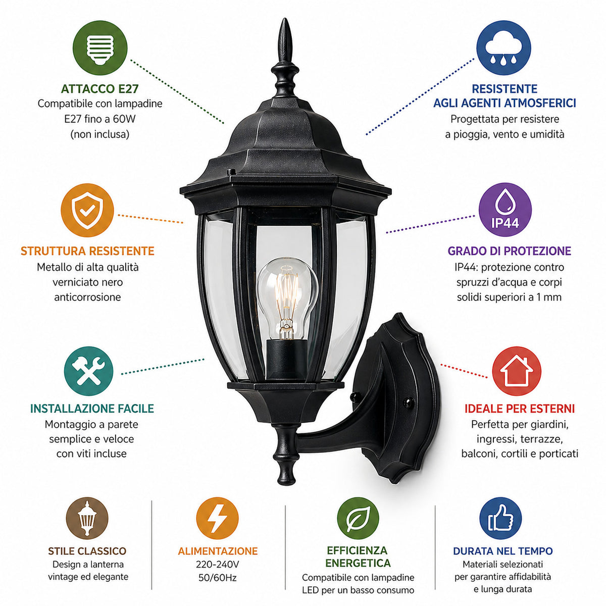 APPLIQUE DA ESTERNO LANTERNA NERA PARETE E27 MAX 60W CLASSICA GIARDINO IP44 A2-S