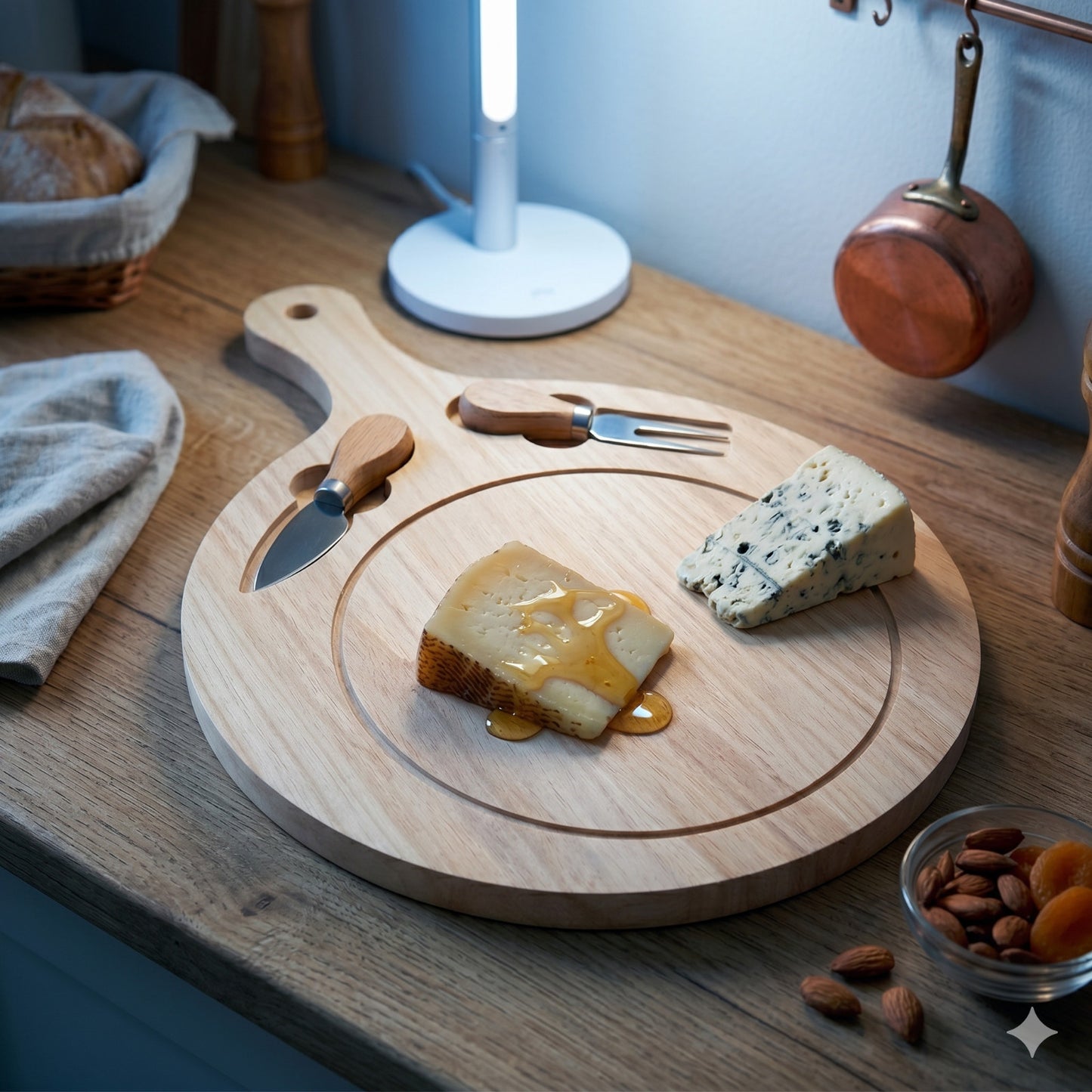 TAGLIERE ROTONDO LEGNO MANICO SET COLTELLI FORMAGGI 3 PEZZI VASSOIO APERITIVO