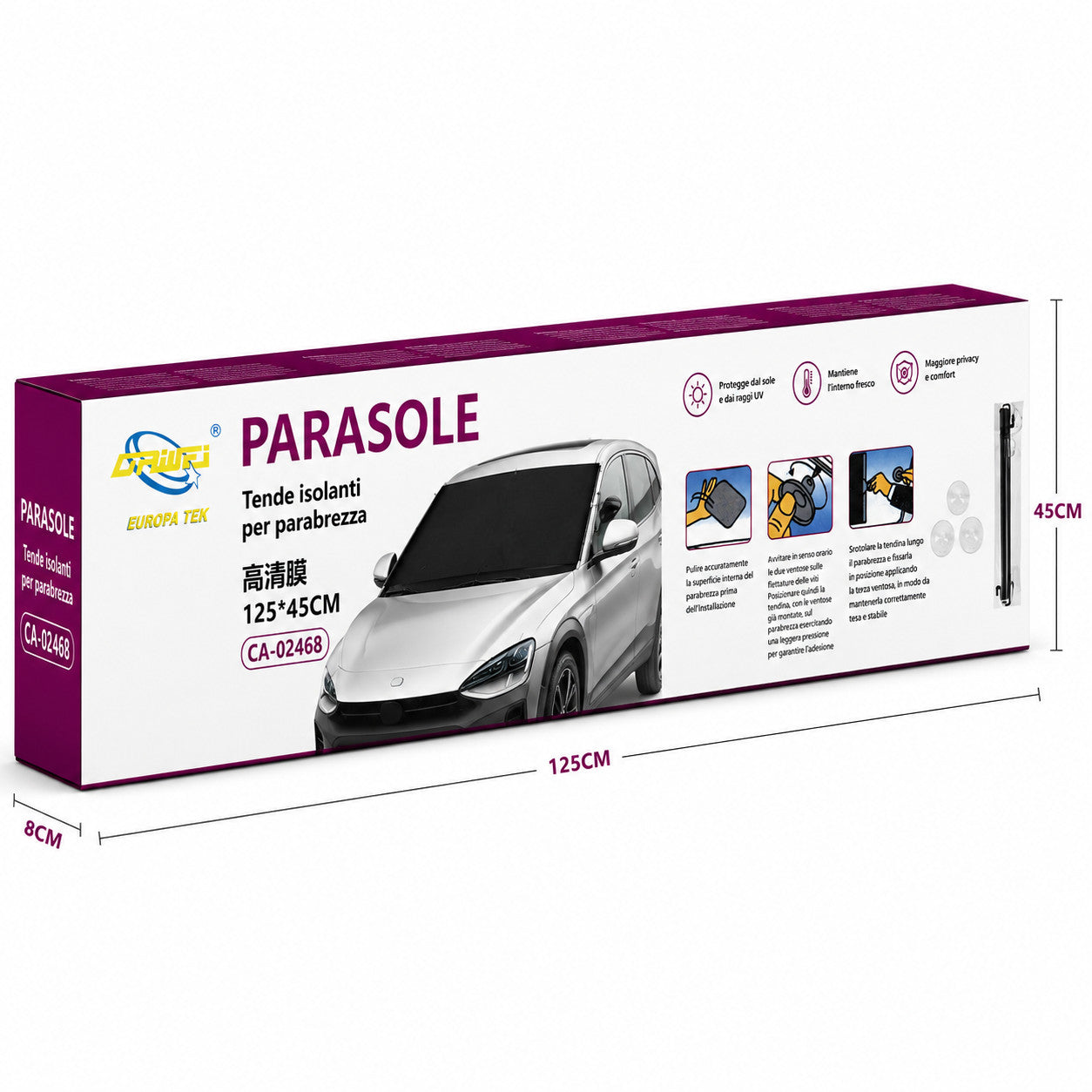 PARE-SOLEIL ENROULABLE POUR VOITURE 125x45CM PARE-BRISE OCCULTANT CA-02468