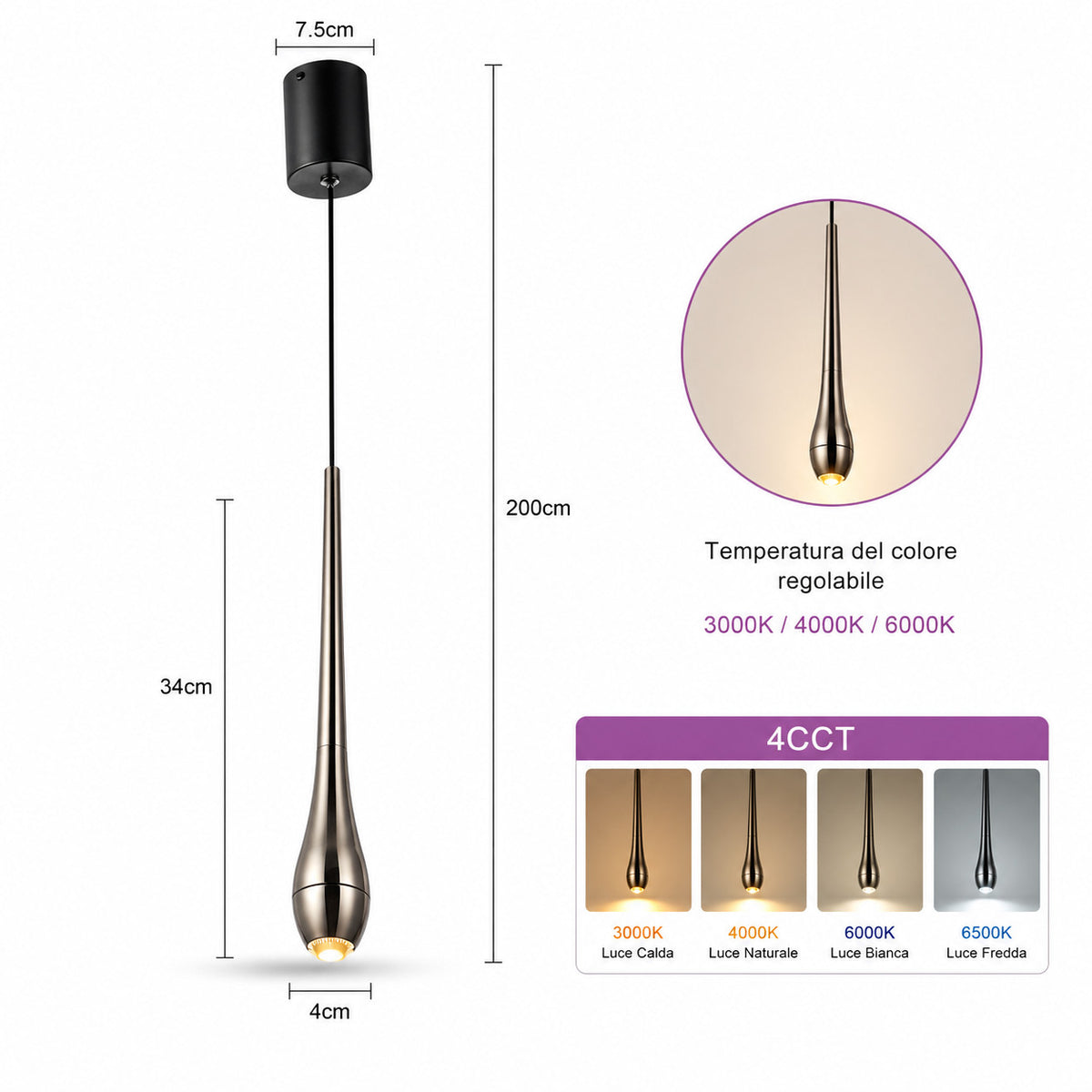 LAMPADARIO LED A SOSPENSIONE MODERNO SLIM NERO 6W DIMMERABILE CCT LP028