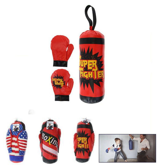 KIT SACCO DA BOXE 32CM CON GUANTONI PER BAMBINO GIOCO ALLENAMENTO PUGILE KICK BO