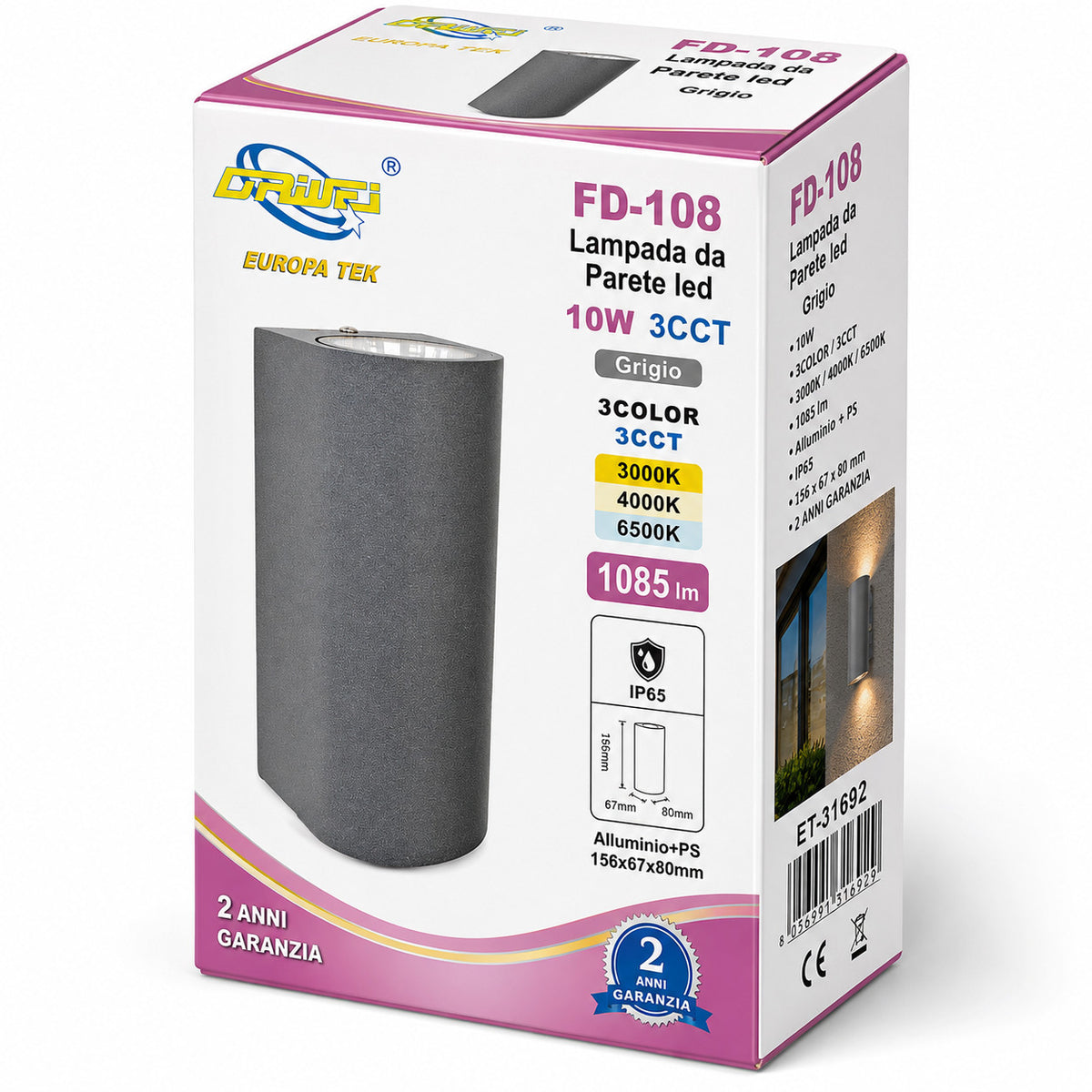 APPLIQUE LED 10W ESTERNO LAMPADA PARETE GRIGIO IP65 3000K 4000K 6000K ET-31692