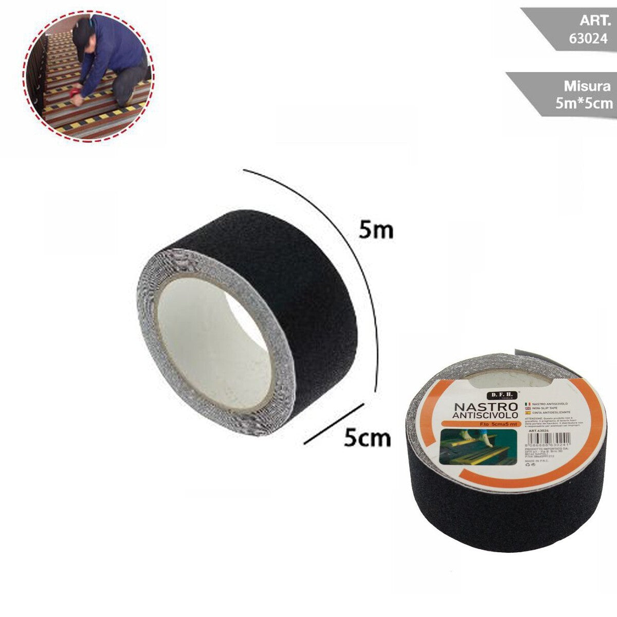 RUBAN ANTIDÉRAPANT ADHÉSIF 5 MÈTRES 5 MM NOIR ESCALIERS SOLS SURFACES GLISSANTES