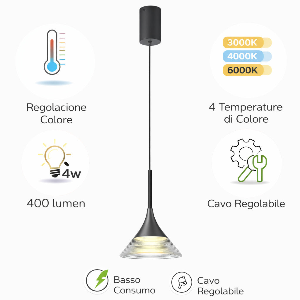 LAMPADA SOSPENSIONE LED 4W REGOLABILE 3 COLORI 3000K 4000K 6000K 400LM LP016