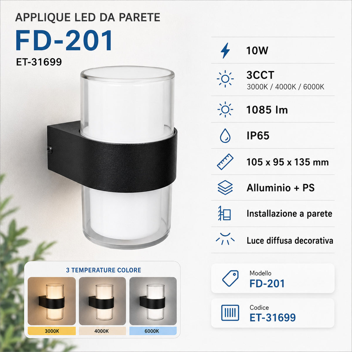 APPLIQUE LED 10W ESTERNO LAMPADA PARETE NERO IP65 3000K 4000K 6000K ET-31699