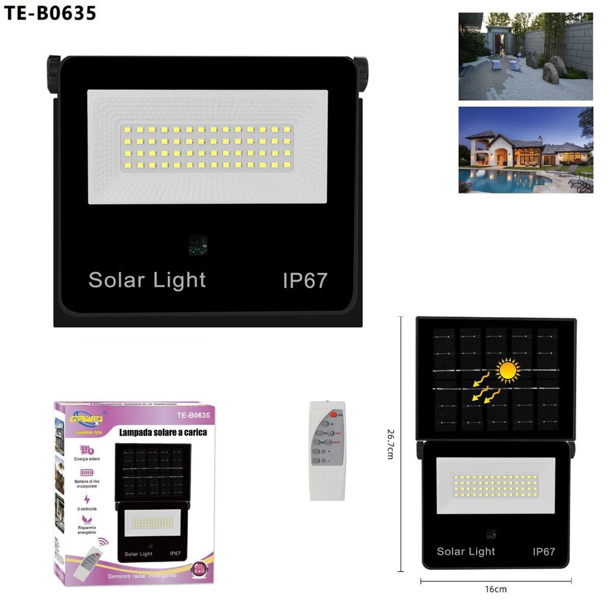 FARO LED FARETTO PANNELLO SOLARE CREPUSCOLARE IP67 48  LED TELECOMANDO TE-B0635