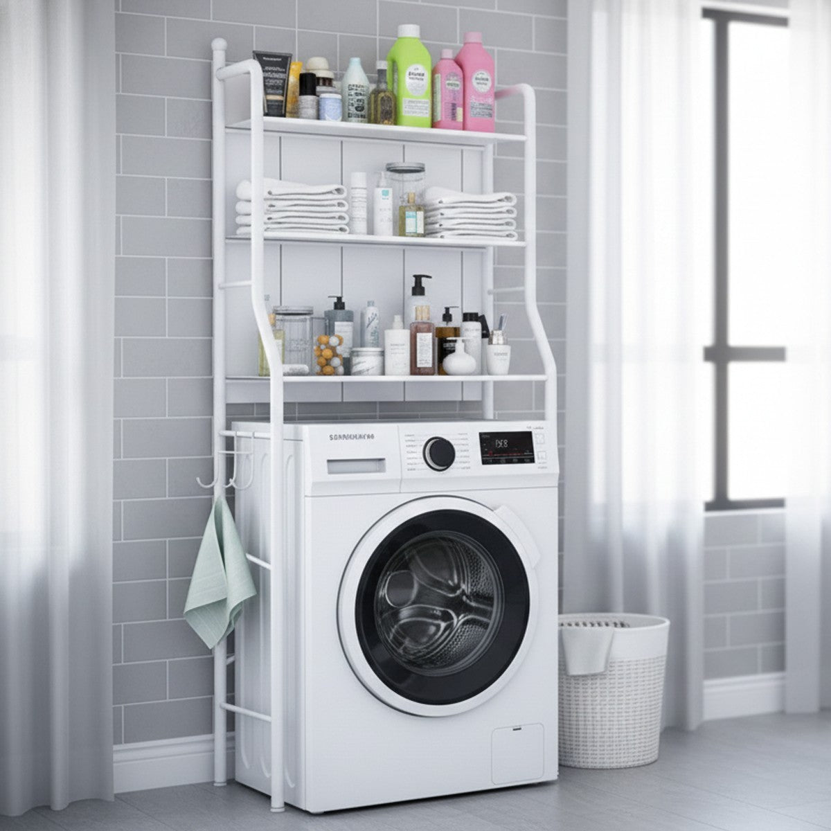 SCAFFALE LAVATRICE SALVASPAZIO BAGNO MOBILE 3 RIPIANI ORGANIZER METALLO BIANCO