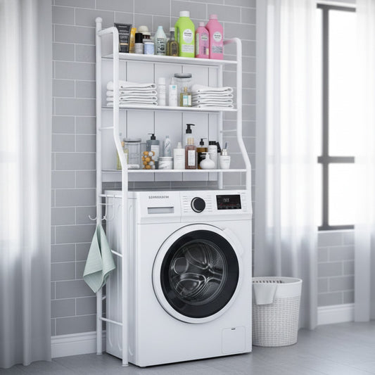 ÉTAGÈRE SALLE DE BAIN MEUBLE GAIN DE PLACE POUR MACHINE À LAVER 3 NIVEAUX ORGANISATEUR MÉTAL BLANC