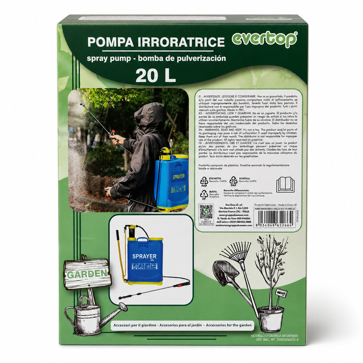 POMPA IRRORATRICE A SPALLA 20 L SPRAYER MANUALE PER GIARDINO ORTO DISERBO