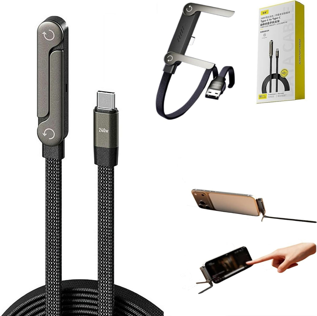 CÂBLE TYPE-C VERS TYPE-C 240W CHARGE RAPIDE SUPPORT SMARTPHONE PLIANT NOIR DONNÉES