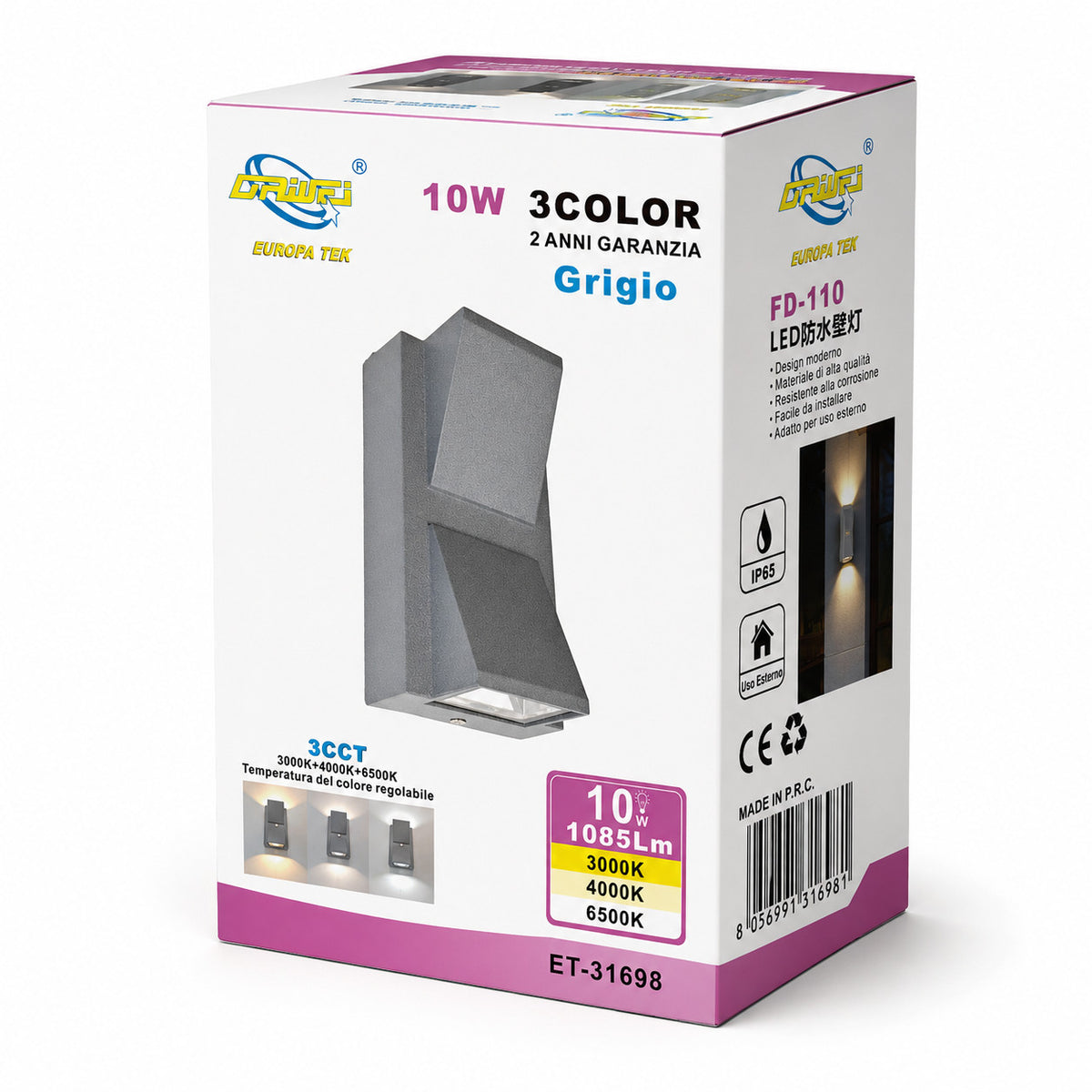 APPLIQUE LED 10W ESTERNO LAMPADA PARETE GRIGIA IP65 3000K 4000K 6000K ET-31698
