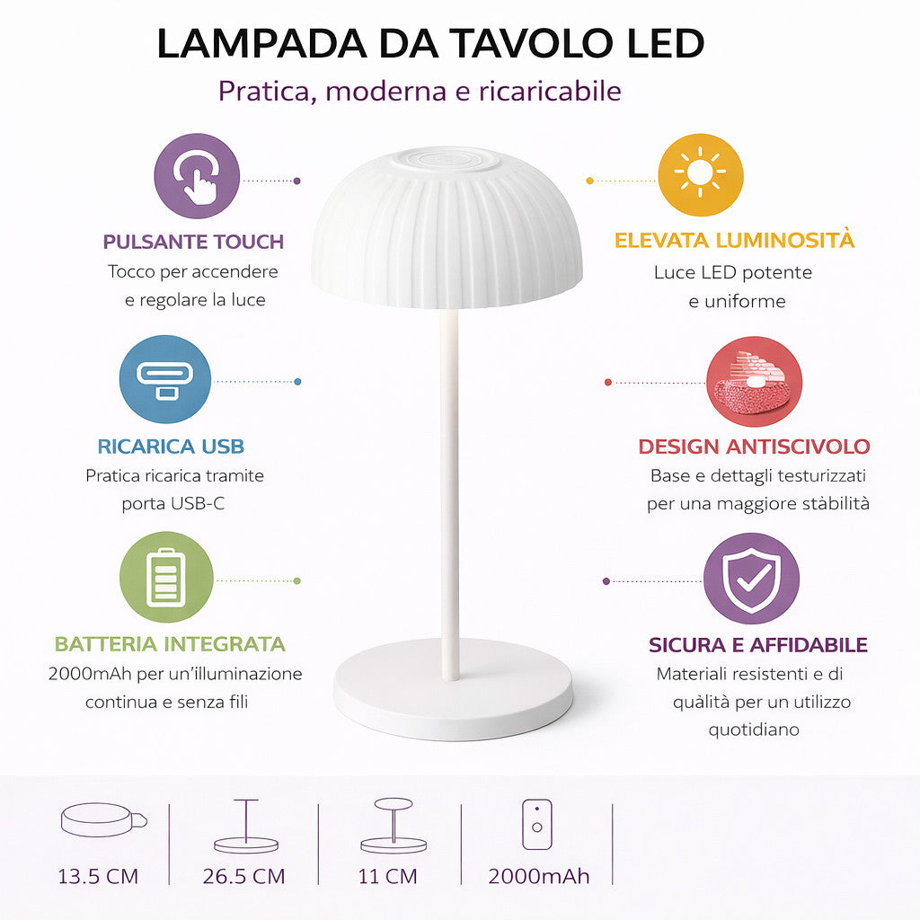 LAMPADA TAVOLO LED RICARICABILE BIANCA TOUCH USB BATTERIA 2000MAH DESIGN LPT144