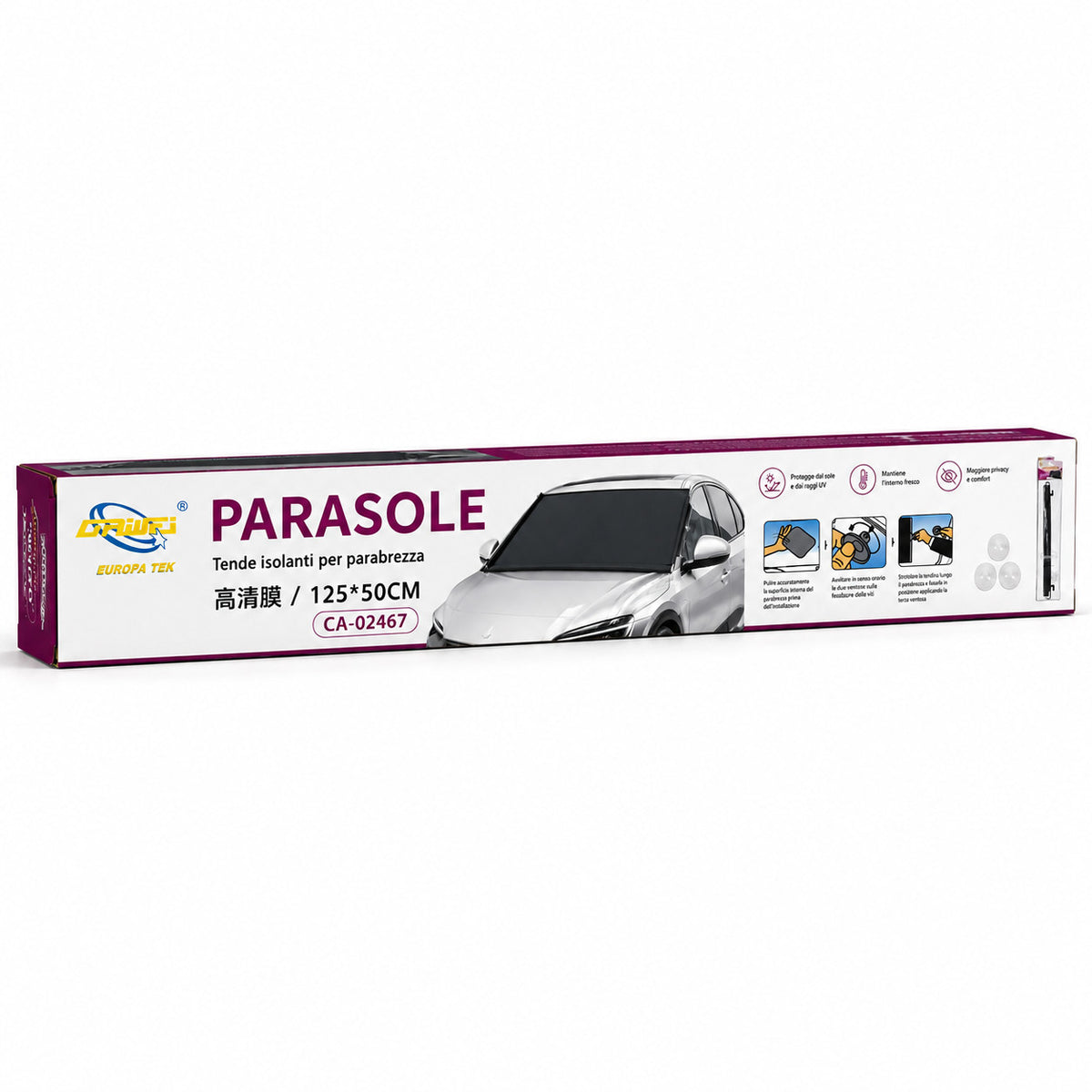 TENDINA PARASOLE AVVOLGIBILE PER AUTO 125x50CM PARABREZZA OSCURANTE CA-02467