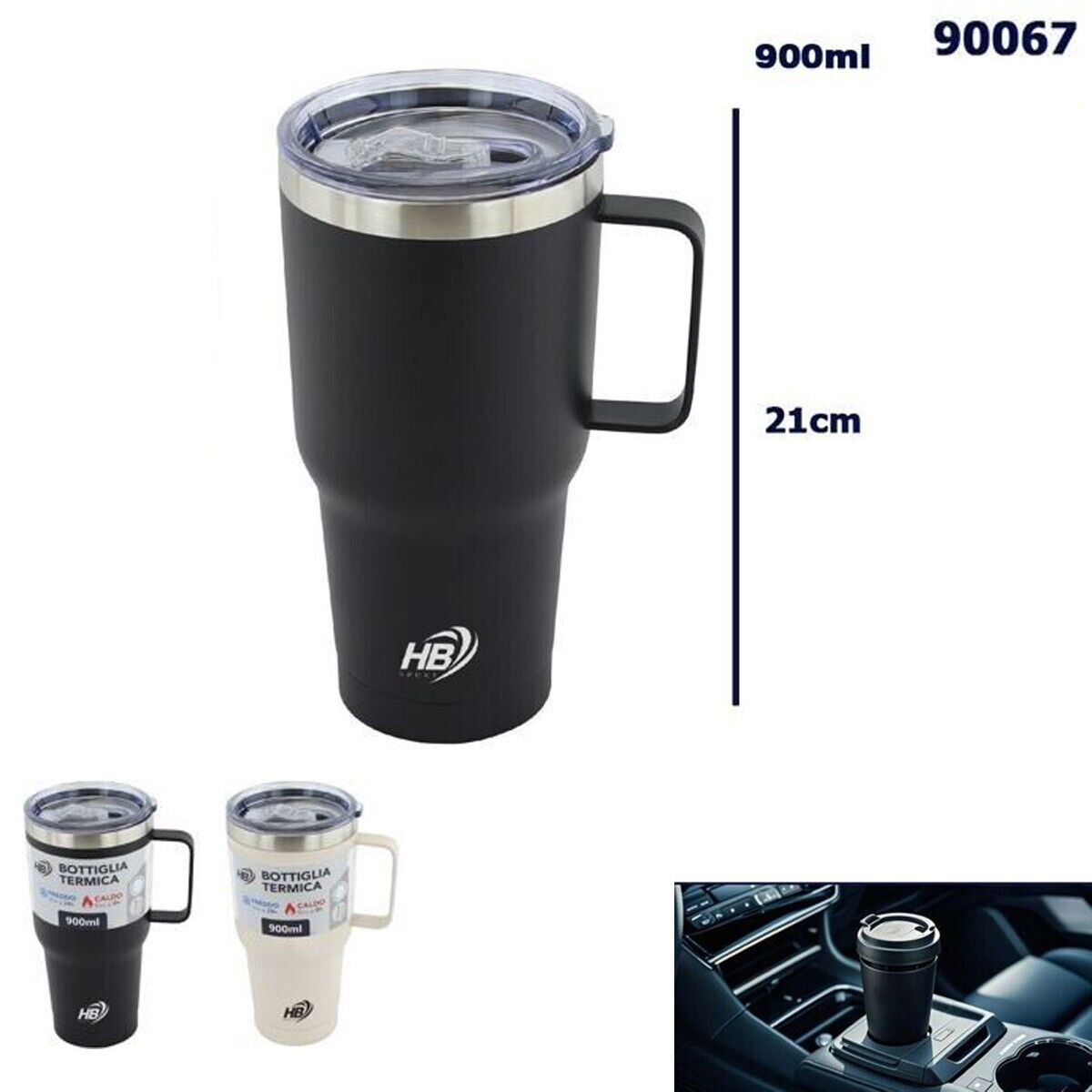 BOTTIGLIA TERMICA 900ML ACCIAIO MANICO TAZZA VIAGGIO AUTO CALDO FREDDO 90067