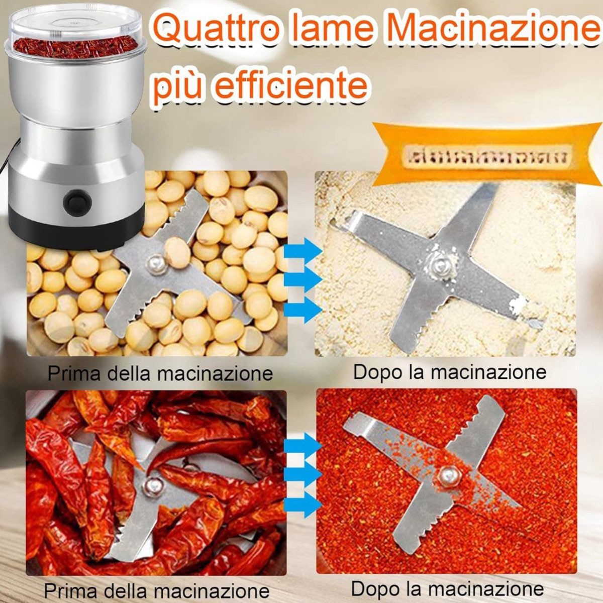 MACINACAFFE ELETTRICO 150W IN ACCIAIO INOX CAFFE SPEZIE SEMI USO CUCINA MY-7218