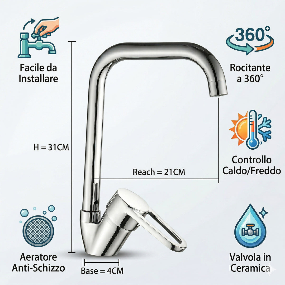 RUBINETTO MISCELATORE CUCINA MONOCOMANDO LAVANDINO COLLO ALTO GIREVOLE 8568
