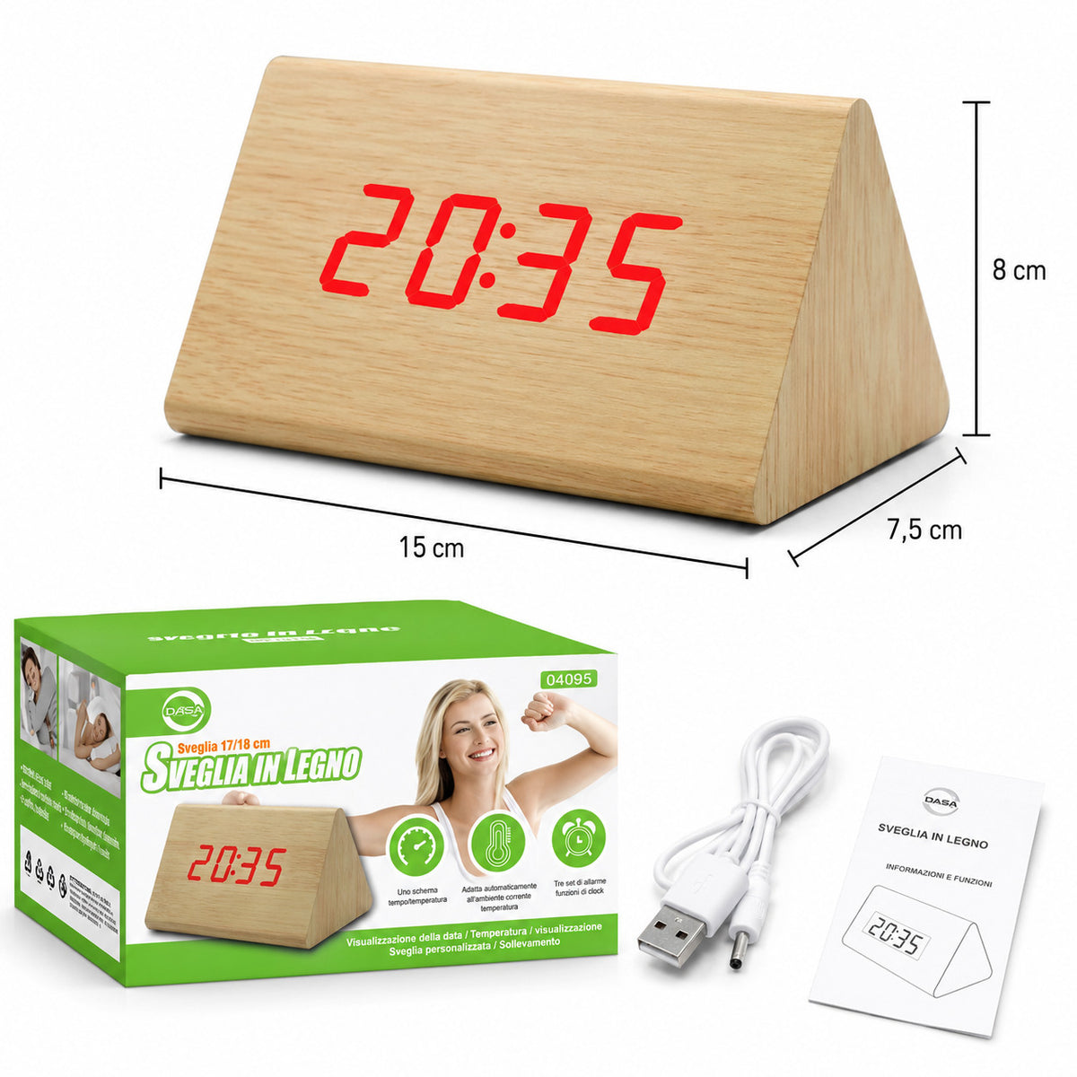 SVEGLIA OROLOGIO DIGITALE LED EFFETTO LEGNO SUONO ALLARME TEMPERATURA DATA 04905
