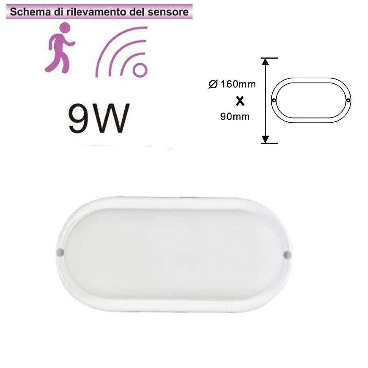 PLAFONIERA LED 9W DOME OVALE SENSORE MOVIMENTO IP56 BIANCO CALDO 3000K 1514