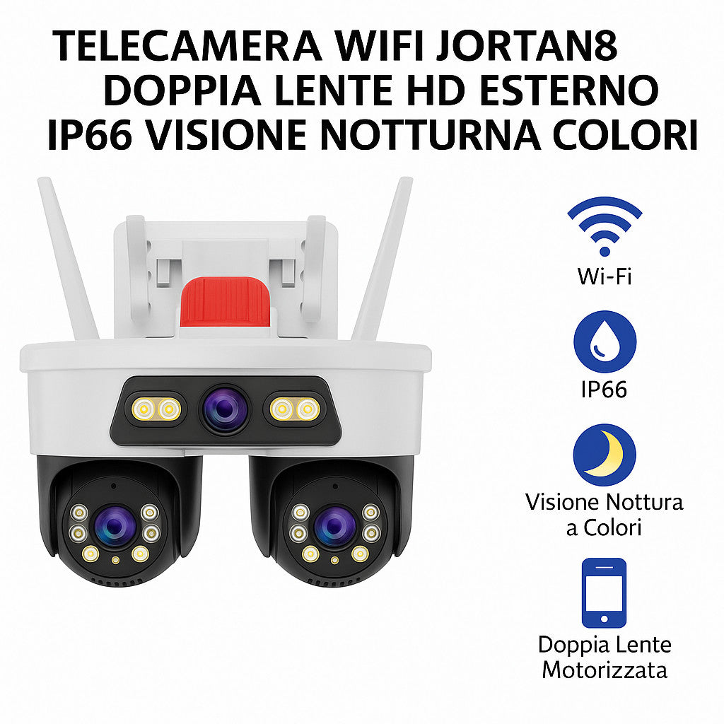 CAMÉRA WIFI JORTAN 8 DOUBLE OBJECTIF HD EXTÉRIEURE IP66 VISION NOCTURNE COULEUR