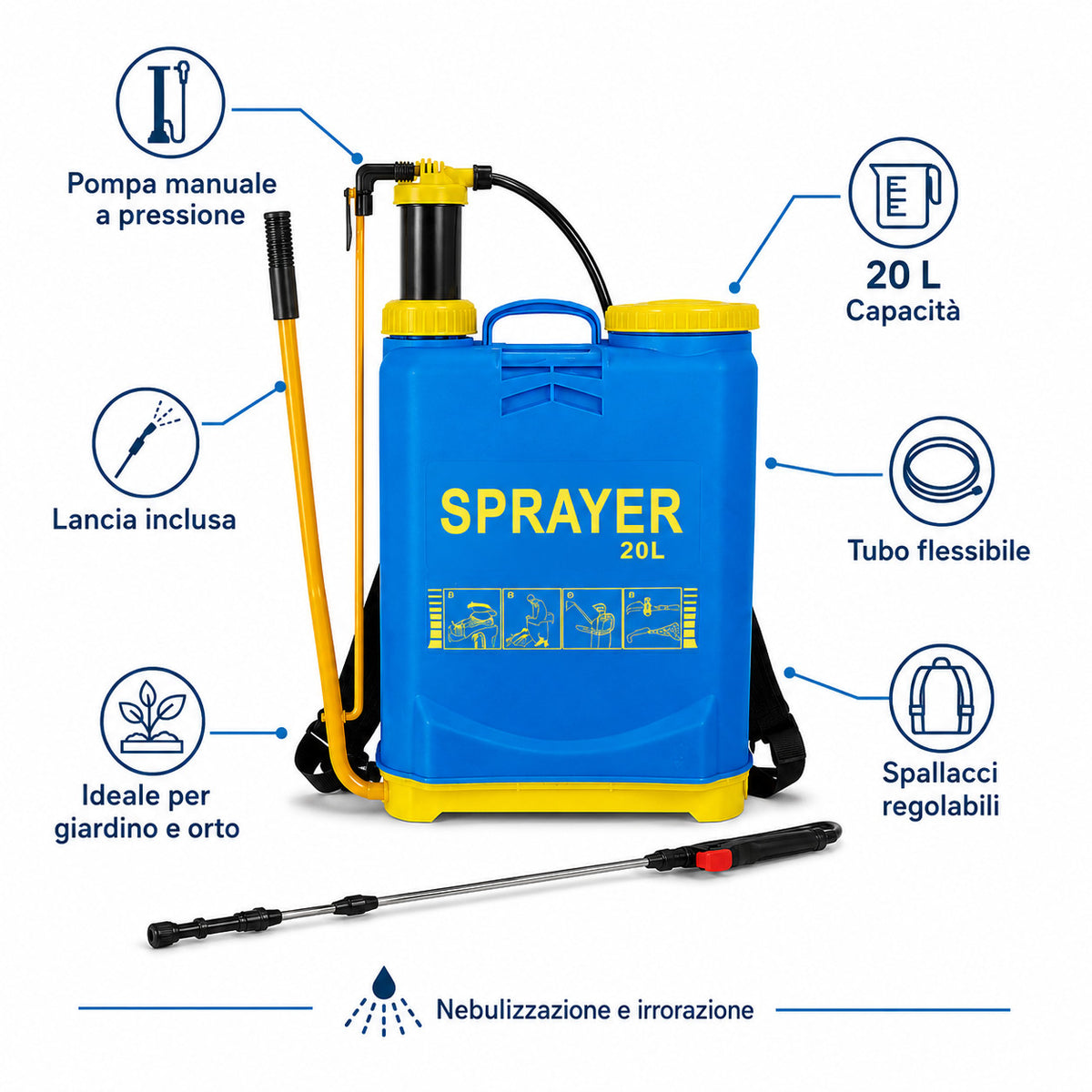 POMPA IRRORATRICE A SPALLA 20 L SPRAYER MANUALE PER GIARDINO ORTO DISERBO
