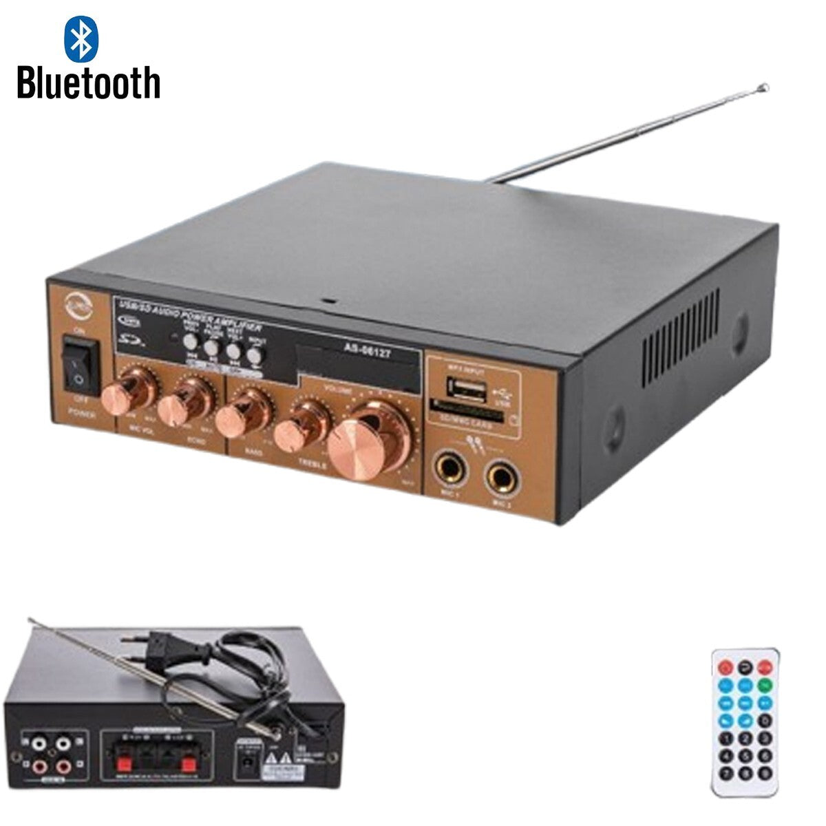 AMPLIFICATEUR AUDIO STÉRÉO 2 CANAUX MICROPHONE FM USB BLUETOOTH KARAOKÉ AS-06127