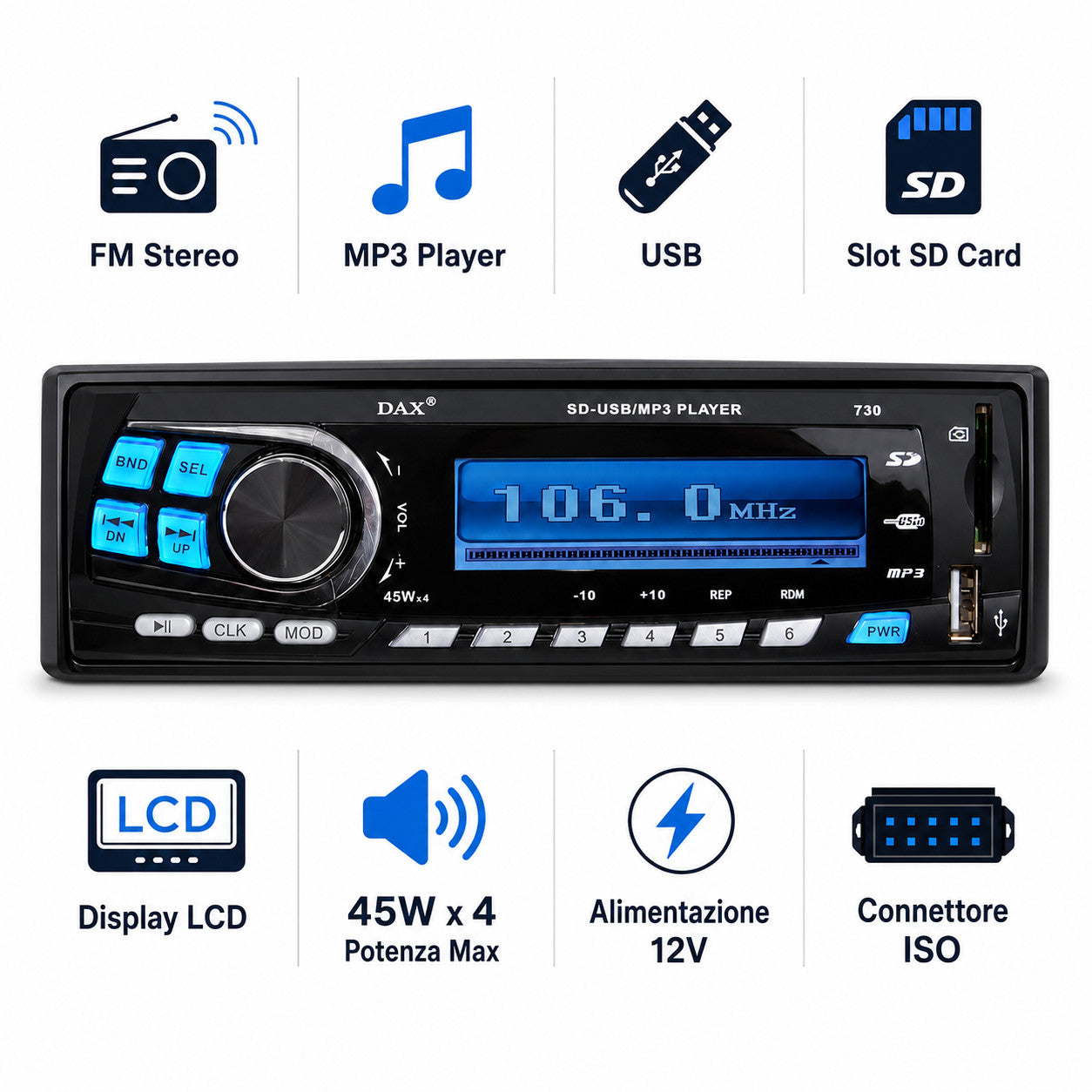 STEREO AUTORADIO AUTO CAMPER RADIO FM MP3 PORTA USB SLOT SD LCD DAX 730 MP