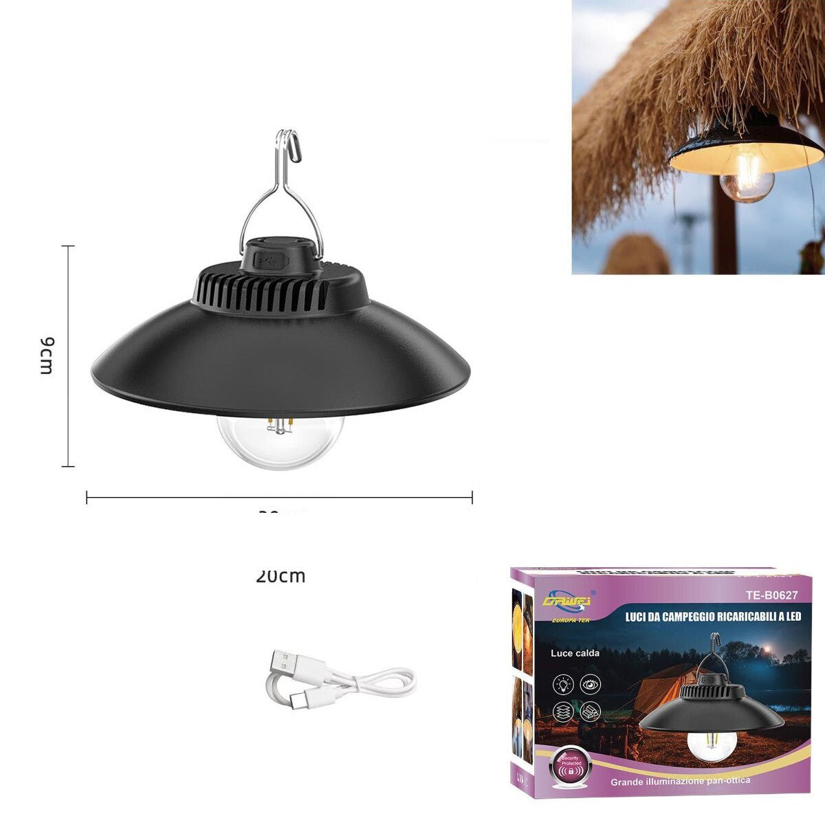 LAMPE DE CAMPING LED SOLAIRE RECHARGEABLE AVEC CROCHET LUMIÈRE CHAUDE 3000K TE-B0627