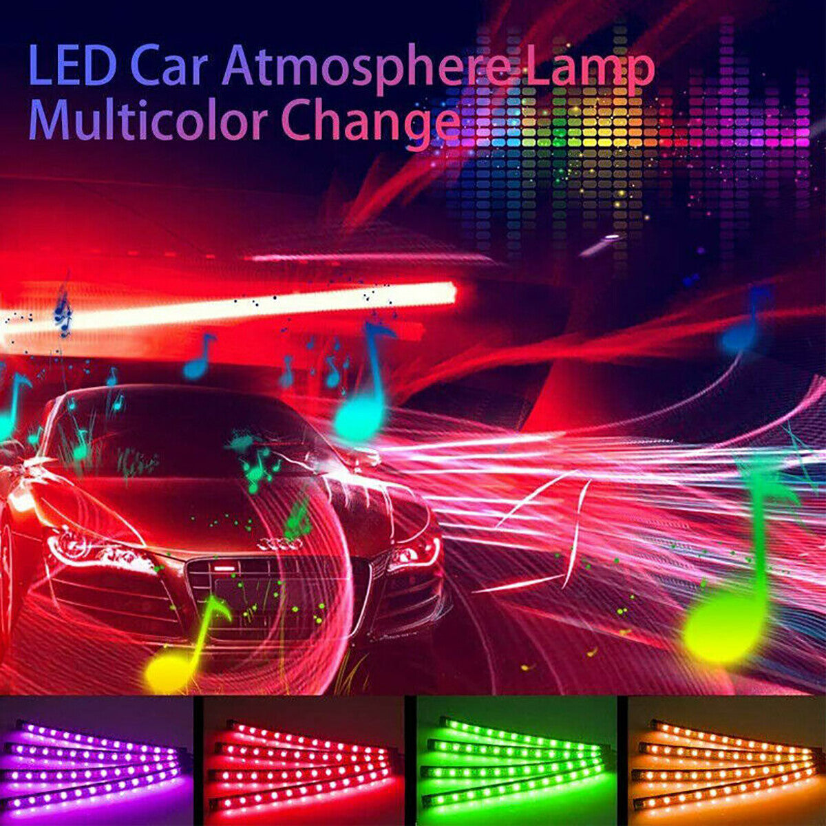 4 STRISCE AUTO INTERNO 48 LED 12V STRISCIA MULTI COLOR RGB SMART APP ANDROID IOS