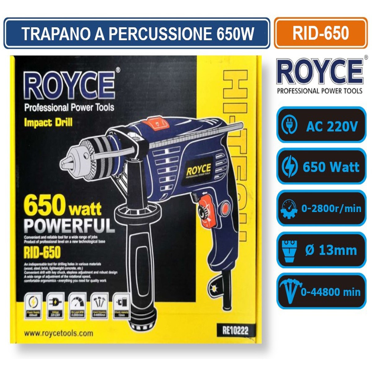 TRAPANO A PERCUSSIONE ROYCE RID-650 650W REVERSIBILE MANDRINO 1,5-13MM RE10222