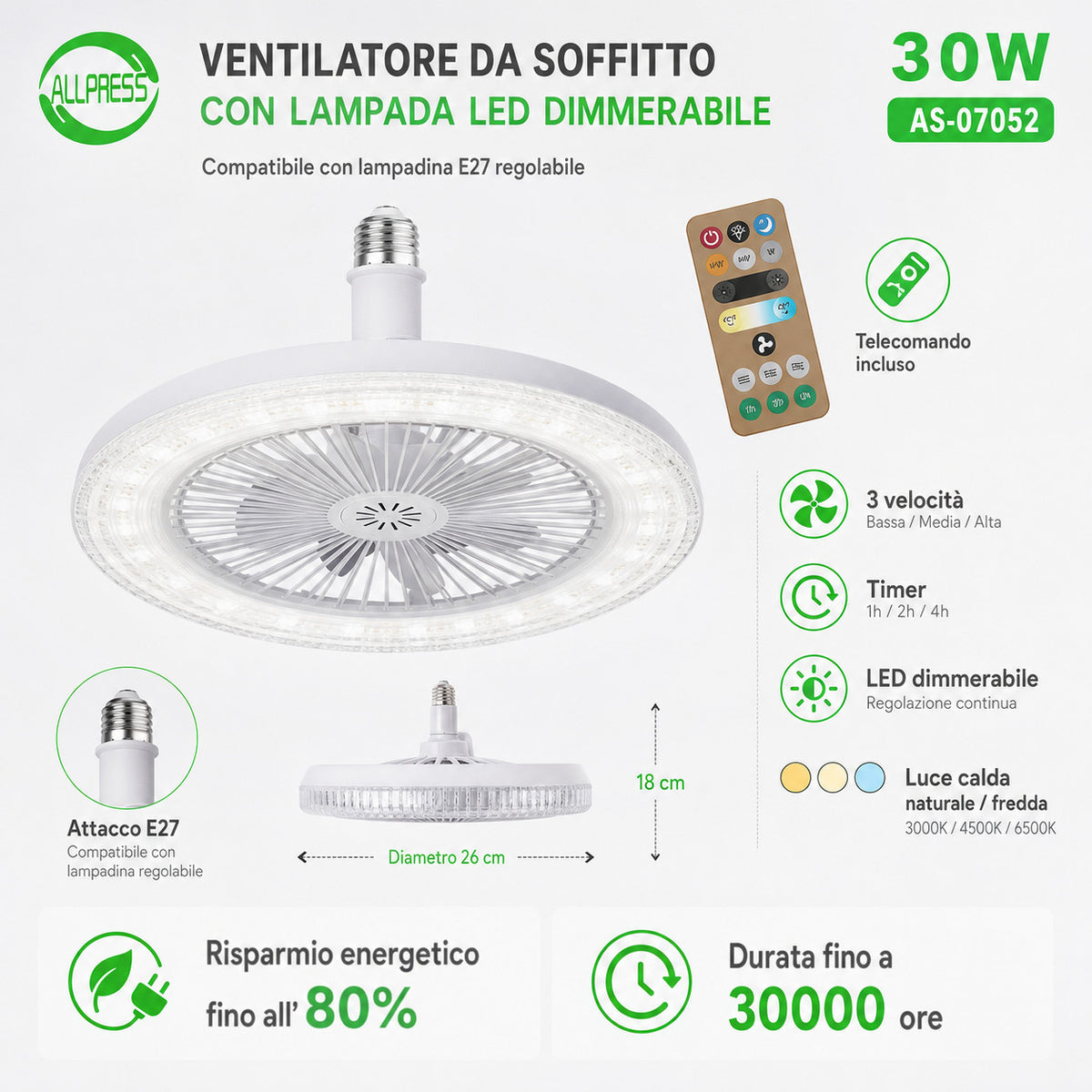 VENTILATEUR DE PLAFOND 30W LED DIMMABLE TÉLÉCOMMANDE E27 USAGE DOMESTIQUE AS-07052