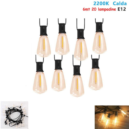 GUIRLANDE LUMINEUSE 6M AVEC 20 AMPOULES E12 EXTÉRIEUR LUMIÈRE CHAUDE 2200K