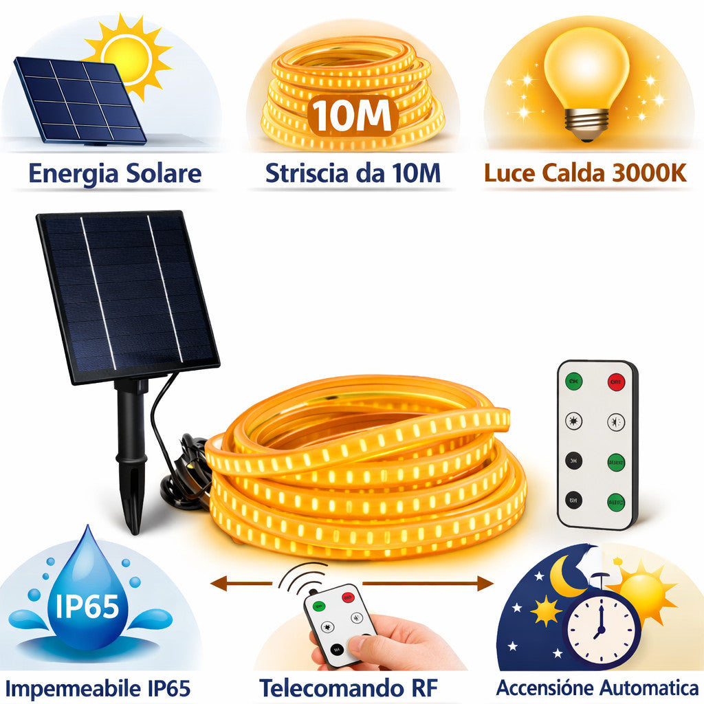 STRISCIA LED SOLARE 10 METRI TELECOMANDO BIANCO CALDO 3000K ESTERNO ET-31612