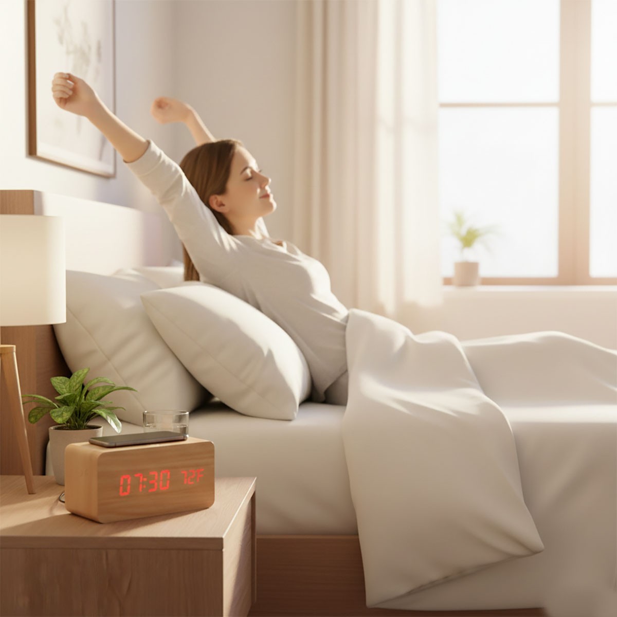 RÉVEIL NUMÉRIQUE MULTIFONCTION BOIS LED RECHARGE SANS FIL TEMPÉRATURE 06724