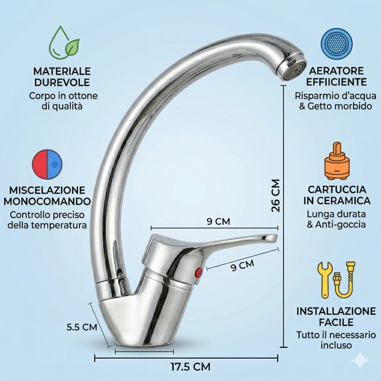 RUBINETTO MISCELATORE CUCINA MONOCOMANDO CROMATO COLLO ALTO GIREVOLE ACQUA 1587