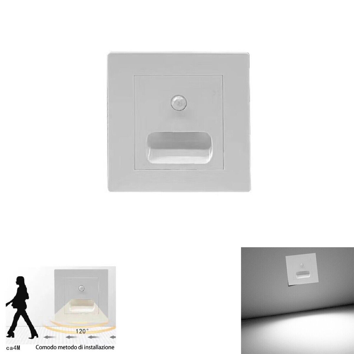 LUCE NOTTURNA SEGNAPASSO LED QUADRATO BIANCO SENSORE MOVIMENTO LUCE FREDDA 6000K