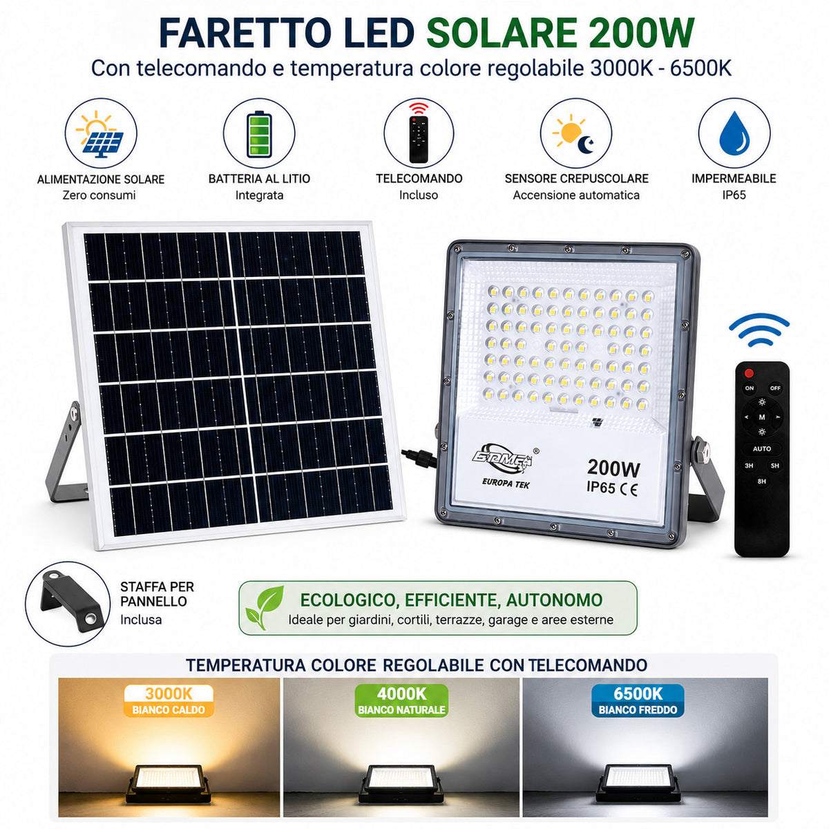 PROJECTEUR LED SPOT PANNEAU SOLAIRE CRÉPUSCULAIRE TÉLÉCOMMANDE DE 3000K À 6500K 200W