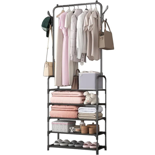 PORTE-MANTEAU PORTE-MANTEAUX ÉTAGÈRE À CHAUSSURES 5 NIVEAUX PORTE-CHAPEAUX MÉTAL NOIR