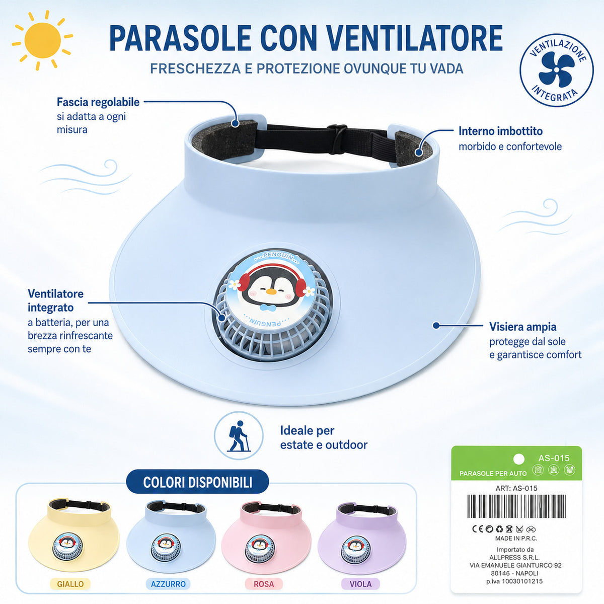 CASQUETTE VISIÈRE PARE-SOLEIL AVEC VENTILATEUR RÉGLABLE ENFANTS MER ÉTÉ AS-015