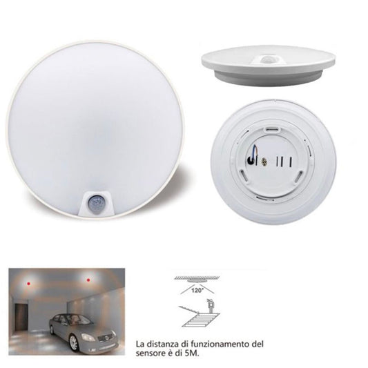 PLAFONIERA LED SOFFITTO ROTONDA 12W LUCE FREDDA SENSORE MOVIMENTO INFRAROSSI