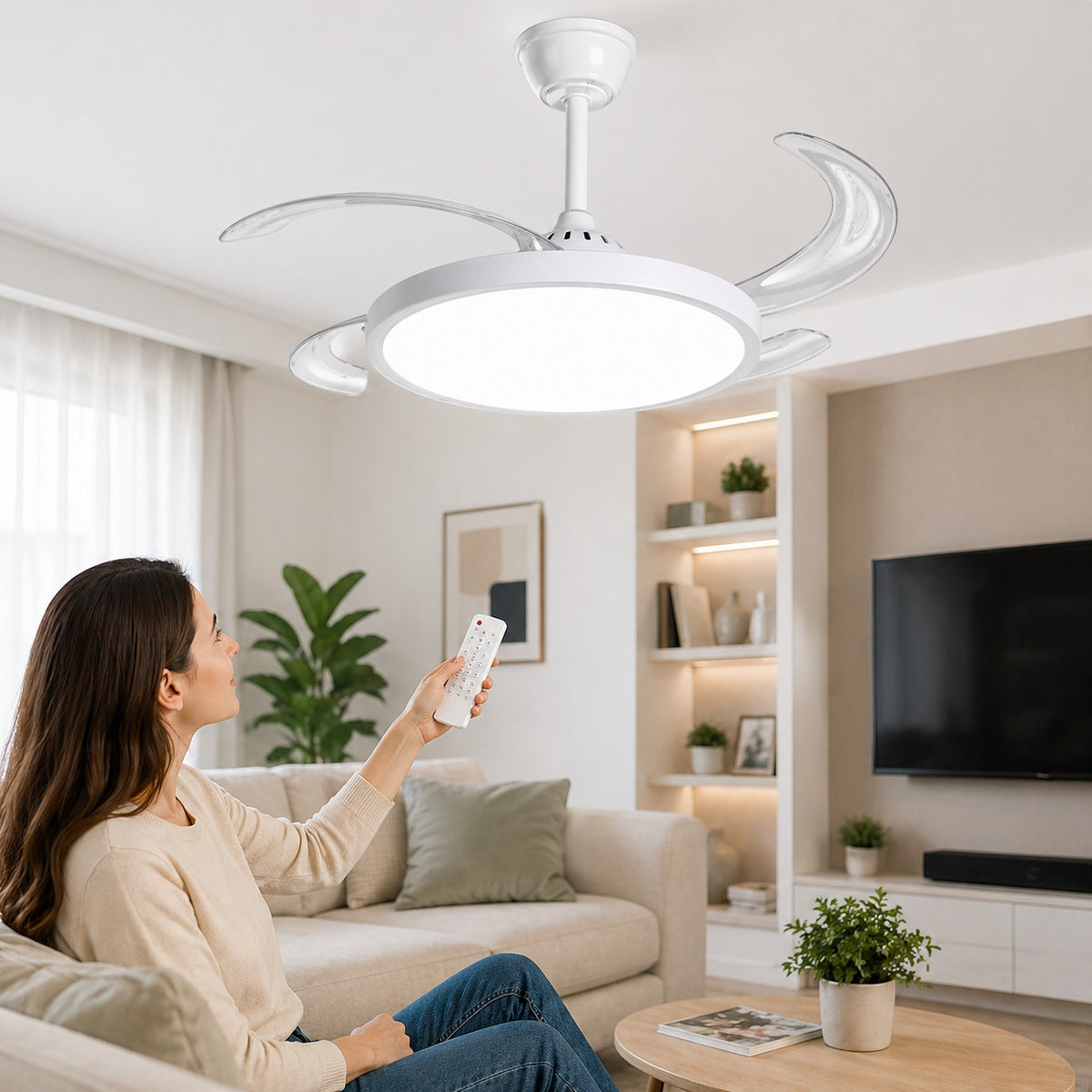VENTILATEUR DE PLAFOND LUMIÈRE LED 80W PALES RÉTRACTABLES 48" TÉLÉCOMMANDE SJ-198 CB001