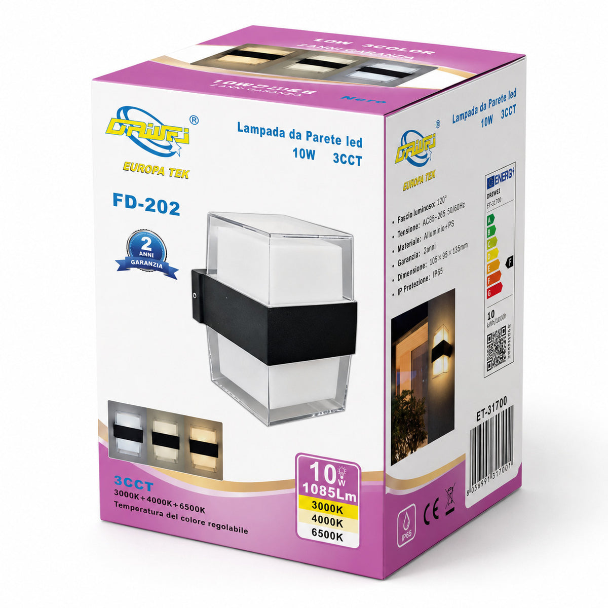 APPLIQUE LED 105W ESTERNO LAMPADA PARETE NERA IP65 3000K 4000K 6000K ET-31700