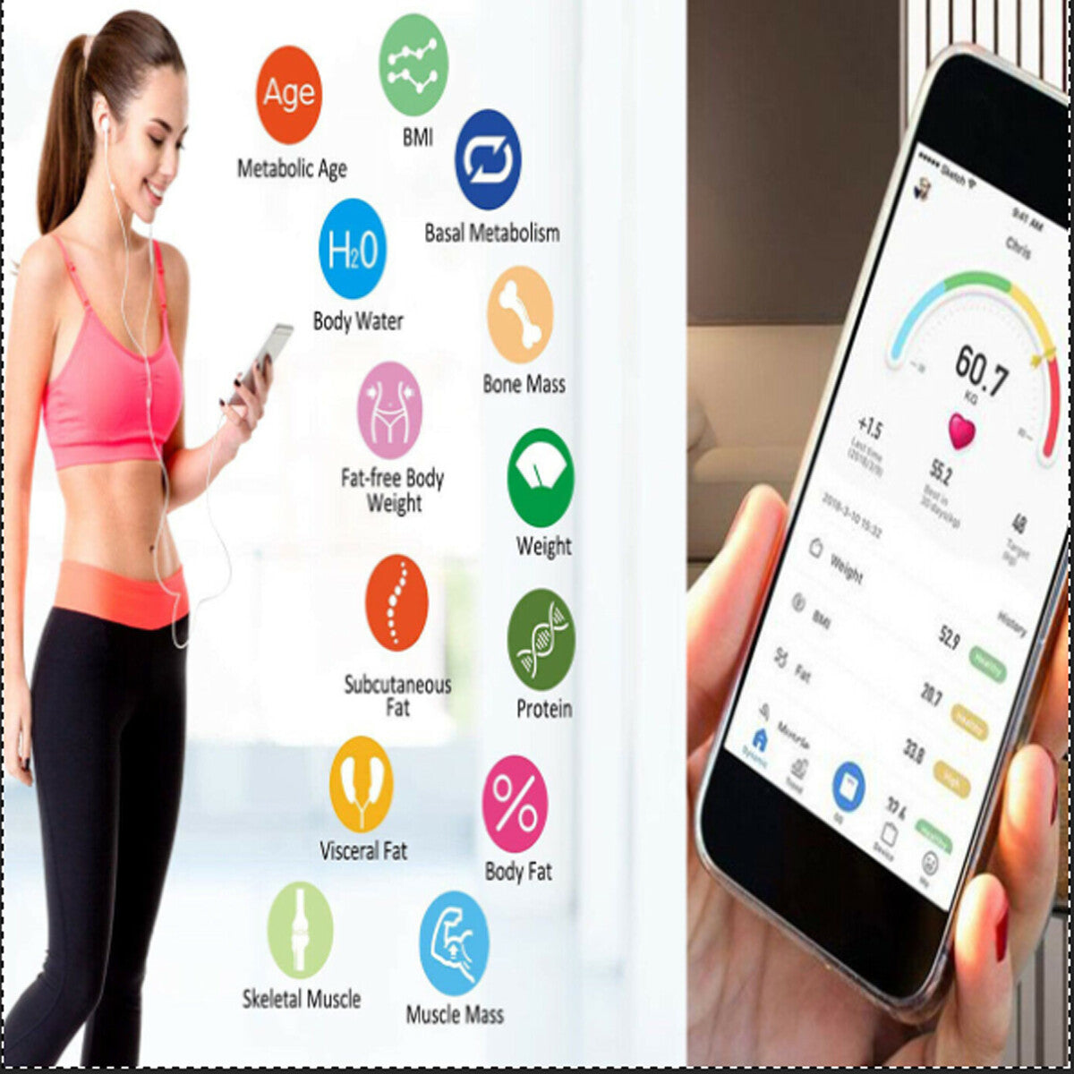 BALANCE PÈSE-PERSONNE NUMÉRIQUE ÉLECTRONIQUE BLUETOOTH EN VERRE PORTÉE 180 KG B24
