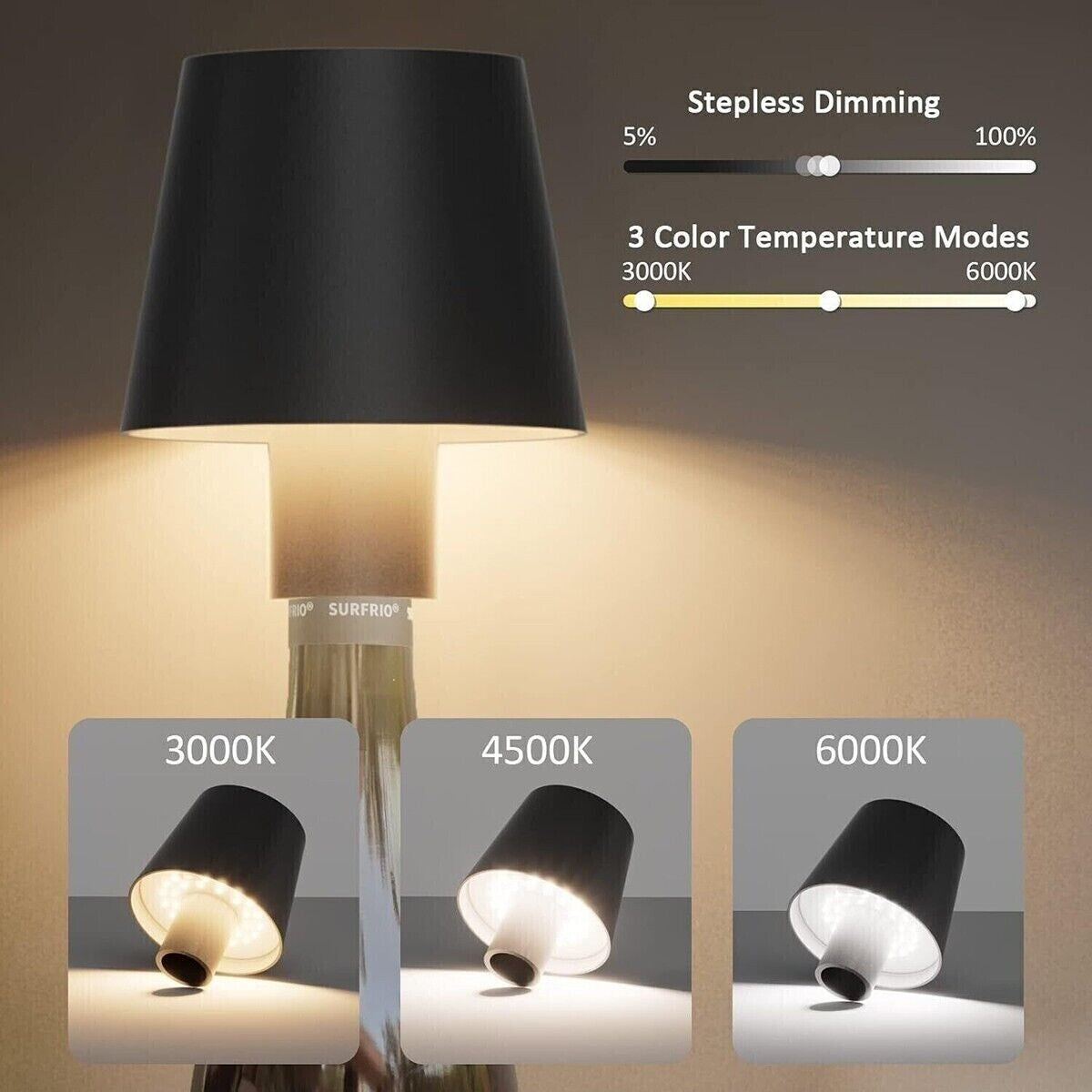 LAMPADA LED PER BOTTIGLIA TAPPO TAVOLO TOUCH DIMMERABILE USB RICARICABILE NERO