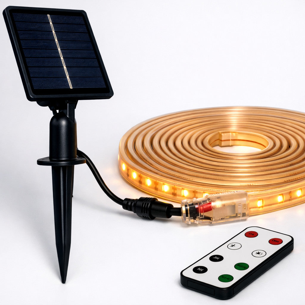 STRISCIA LED SOLARE 5 METRI TELECOMANDO BIANCO CALDO 3000K PER ESTERNO ET-31609