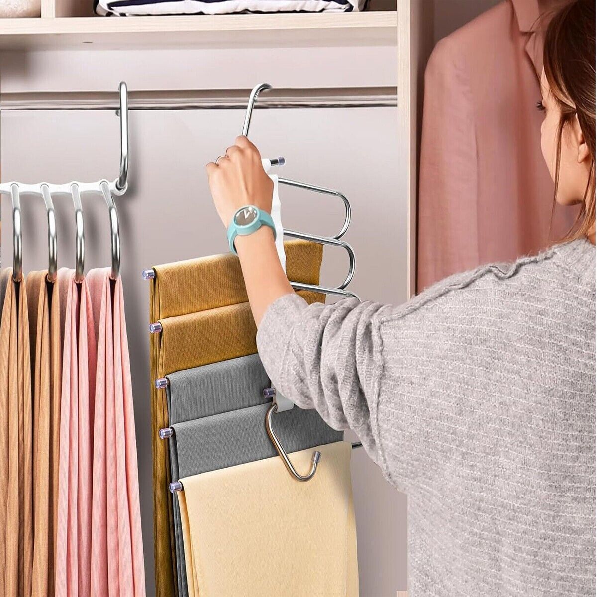 APPENDIABITI SALVASPAZIO PER ARMADIO BAGNO PER 5 PANTALONI PIEGHEVOLE CON GANCIO