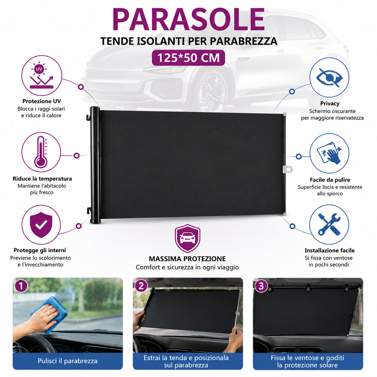 TENDINA PARASOLE AVVOLGIBILE PER AUTO 125x50CM PARABREZZA OSCURANTE CA-02467