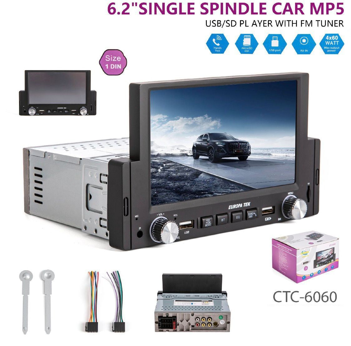 AUTORADIO 1 DIN 6.2" BLUETOOTH USB SD FM ÉCRAN MP5 4X60W RADIO VOITURE CTC-6060