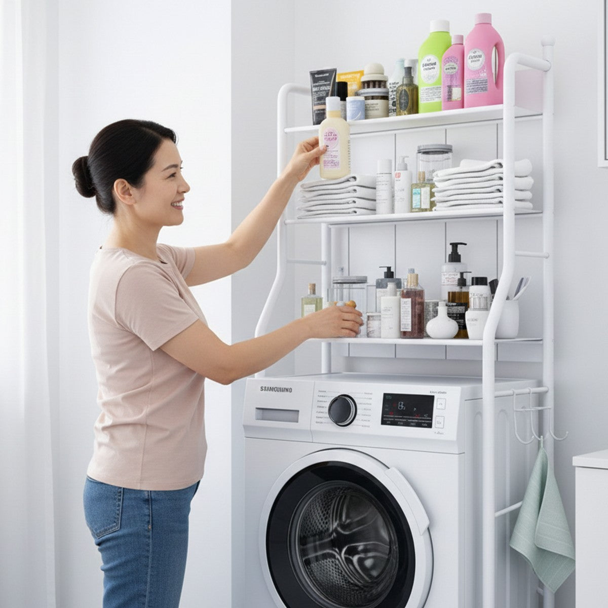 SCAFFALE LAVATRICE SALVASPAZIO BAGNO MOBILE 3 RIPIANI ORGANIZER METALLO BIANCO